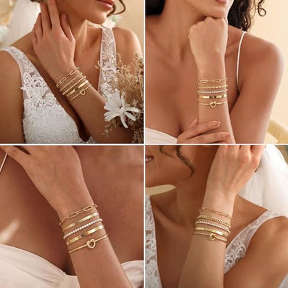 14K Gold Plated Stackable Bangle Bracelets Set for Women | Cuff Bracelet Stackable Bangles Bracelet for Women Trendy Fashion Accessories Tie Knot Cuban Rope Paperclip Beaded Bracelets - color: 5-layer B GD