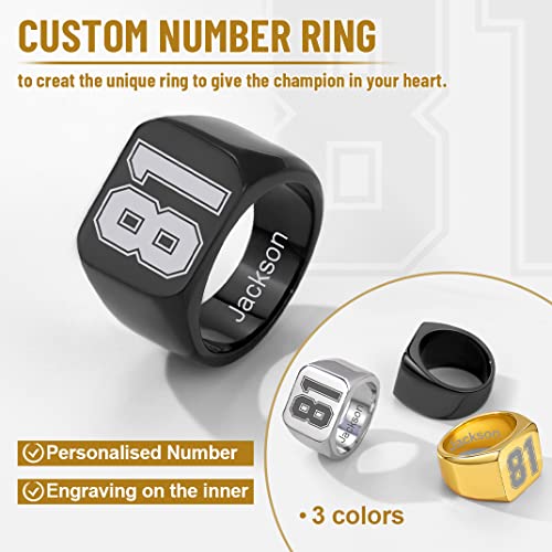GoldChic Jewelry Personalized Signet Rings Men Women, Stainless Steel Custom Photo Bold Square/Oval Monogram/Old English Initial Pinky Stacking Statement Ring in Black/Silver/Gold (Size 7-14) - color: Black-Number -Square