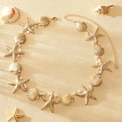 14K Gold Plated Waist Chain for Women Layered Waist Beads Belly Chain Belt, Waterproof Summer Beach Body Jewelry for Bikini, Festival Vacation Accessories for Women - style: Big Shell Star