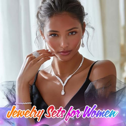 Bridal Wedding Jewelry Set Silver Rhinestone Necklace Earrings Sets Formal Costume Jewelry for Women and Brides - color: A-Blue
