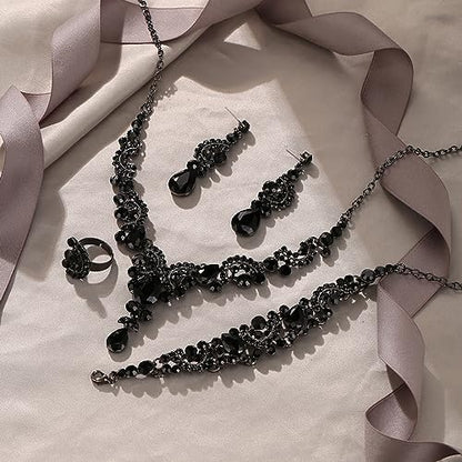 EVER FAITH Rhinestone Crystal Bridal Floral Wave Teardrop Necklace Earrings Set - color: 4pcs_Black Black-Tone