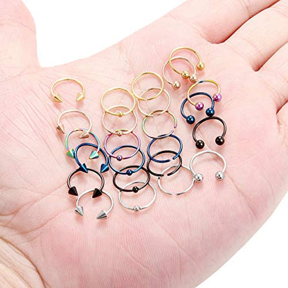 Ruifan 316L Surgical Steel CBR Horseshoe Circular Rings Nose Eyebrow Tragus Lip Ear Hoop Ring Piercing 20G 8MM 10MM 12-24PCS - style: 24PCS - 20G 3/8" (10mm)