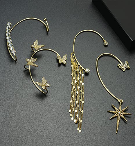 Tornito 4Pcs Butterfly Long Tassel Ear Cuff Dangle Chain Earrings Wrap Crawler CZ Ear Clip Wrap Around Fake Earrings for Women Silver Gold Tone Right Ear - color: B:Gold Tone(Right Ear)