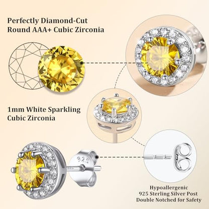 Bestyle 8mm Small Birthstone Earrings for Women with Hypoallergenic Sterling Silver Post,Sparkle Heart/Round Womens Studs Earrings, Great Birthday/Christmas/Anniversary Jewelry for Wife Mother - color: 11. Nov. Yellow Topaz-Round