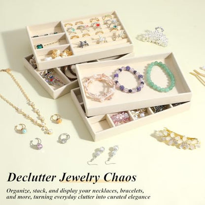 8 Pack Velvet Jewelry Trays Stackable Jewelry Organizer Tray Inserts for Drawer Beige Jewelrys Storage and Display Case for Necklaces Rings Earrings Bracelets