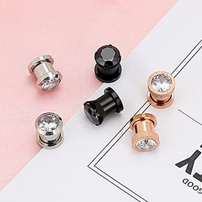 YOFANST 6pcs-12pcs Stainless Steel Clear Black Zircon Ear Tunnels Clear CZ Ear Stretcher Expander Piercing Diamond Gauge Plugs Set 8g-5/8 inch - color: 6pcs, 8g(3mm)
