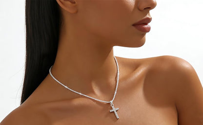 Alegend Charm Sparkling Necklace Cross 14K Silver Plated Fully Studded with Diamonds Luxurious Exquisite Style Silver Jewelry Lobster Clasp Adjustable Extender - style: 14K Silver Diamonds Cross