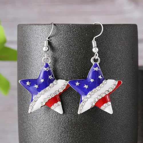 HUJUON American Flag Pendant Necklace Earring Set for Women 4th Of July Butterfly Drop Dangle Hook Earring Independence Day Usa Patriotic Choker Jewelry Gift - color: Star Silver