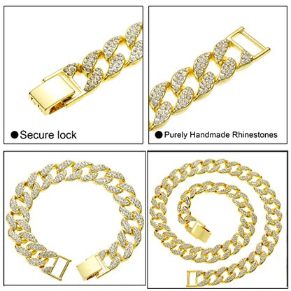 Saintda Iced Out Cuban Link Chain Necklace Bracelet Set for Men | 14mm Cuban Link Necklace Bracelet Jewelry Set Diamond Iced Out Mens Bling Thick Necklaces Chains - color: Gold-W:15MM-THK:3MM, size: 18inch
