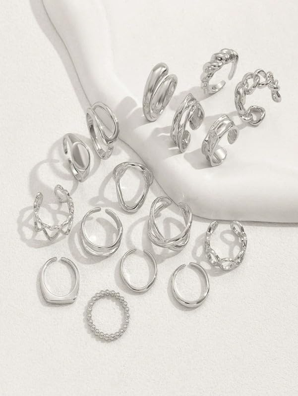 16 Pcs Silver Tone Irregular Geometric & Hollow Heart Ring Set, Minimalist Stackable Fashion Jewelry (Silver)