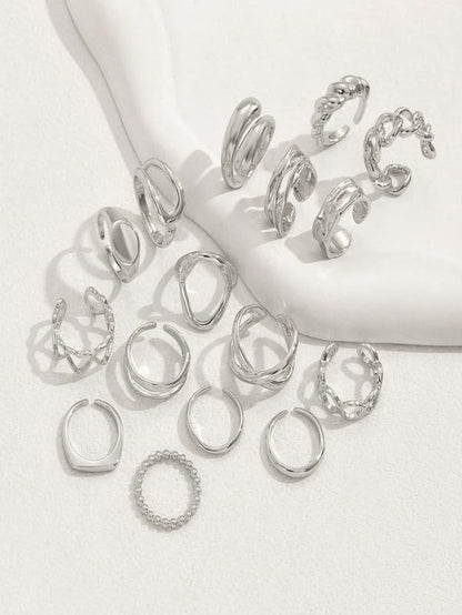 16 Pcs Silver Tone Irregular Geometric & Hollow Heart Ring Set, Minimalist Stackable Fashion Jewelry (Silver)