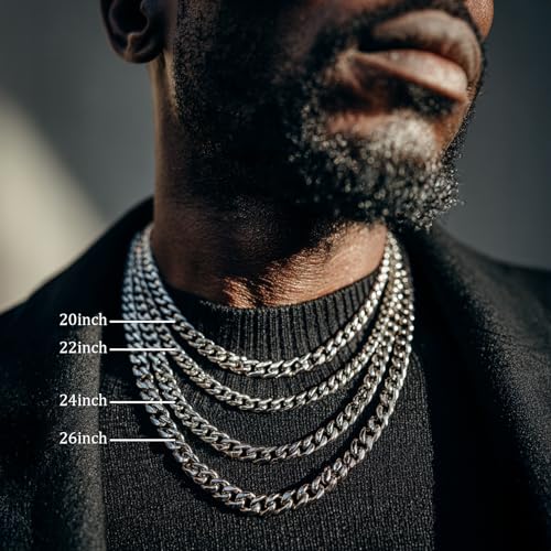 YAMI Stainless Steel Cuban Link Chain Necklace for men - Blue/Silver - color: Silver, size: 20"-12MM