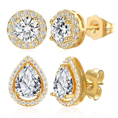 MDFUN Halo Stud Earrings 18K Gold Plated Round/Square/Heart/Teardrop Cubic Zirconia Earrings Set for Women - color: B-Round/Teardrop