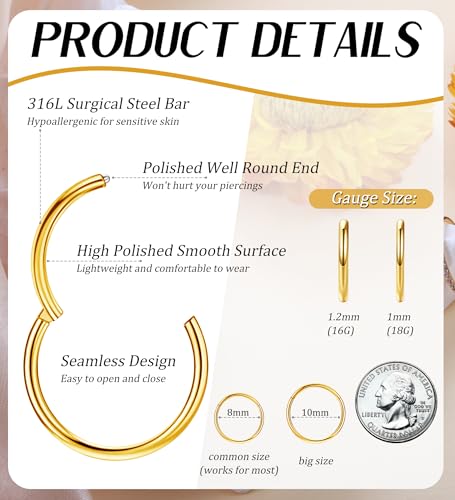 3pcs Nose Rings Hoops - 316L Surgical Steel Hinged Nose Hoops 16G/18G/20G CZ Clicker Septum Nose Ring Lip Helix Cartilage Hoop Earring Daith Rook Conch Body Piercing Jewelry for Women Men 8mm 10mm - color: Gold, size: 18 gauge(1.0mm)-8mm
