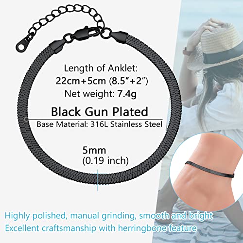 PROSTEEL 316L Stainless Steel Herringbone Flat Chain Bracelets/Anklets, Beautiful Summer Jewelry, Black/Yellow Gold/Rose Gold Plated, 6.3inch/8.5inch Adjustable, Come Box - color: Black