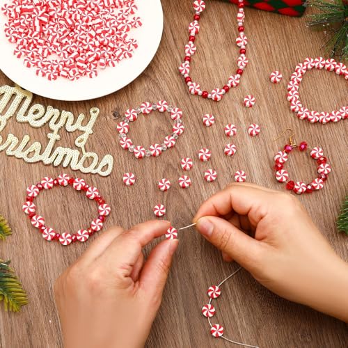 300Pcs Peppermint Candy Clay Beads,Christmas Red and White Round Polymer Clay Beads for Jewelry Making Xmas Crafts fBracelets Necklaces Earrings and Holiday - color: Red White