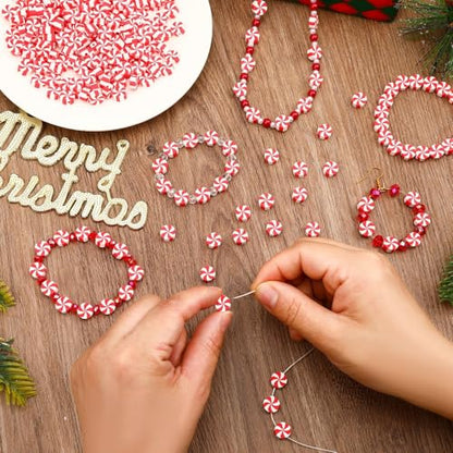 300Pcs Peppermint Candy Clay Beads,Christmas Red and White Round Polymer Clay Beads for Jewelry Making Xmas Crafts fBracelets Necklaces Earrings and Holiday - color: Red White