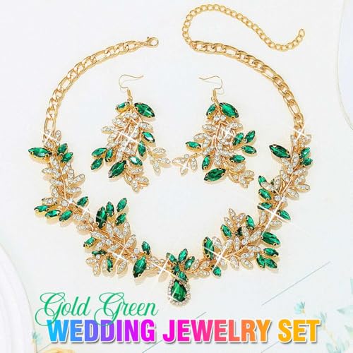 Green Rhinestone Indian Jewelry Set Gold Bridal Wedding Necklace and Earrings Sets Prom Costume Jewelry for Women and Brides - color: Gold Green