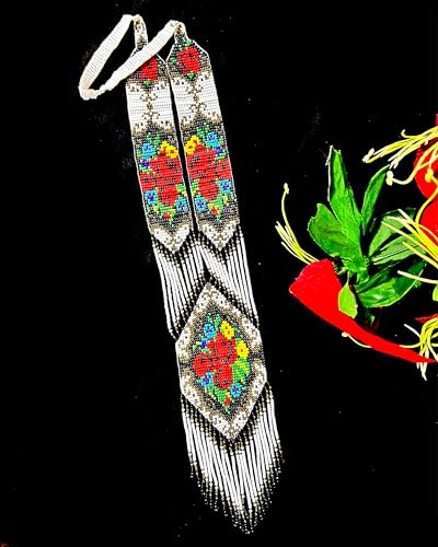 Long Beaded Necklace – Boho Native Handmade Seed Bead Tassel Necklace, Bohemian Large Statement Beaded Necklace for Women - color: White Rose Red