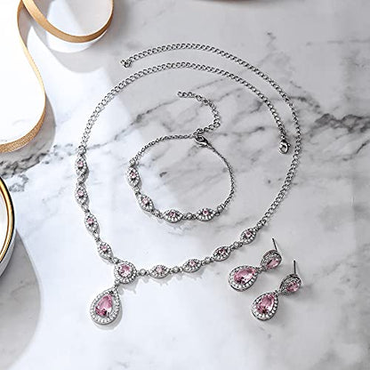 BriLove Wedding Bridal Jewelry Set for Women Cubic Zirconia Teardrop Y-Necklace Link Bracelet Dangle Earrings for Party Prom Accessories - color: Pink Silver-Tone