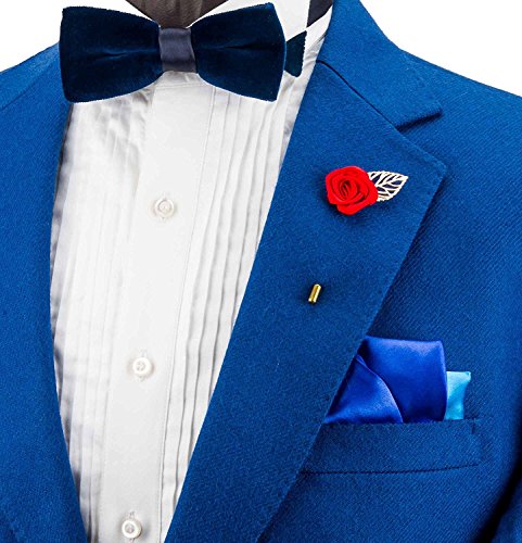 Gentleman's Essentials Premium Handmade Flower Lapel Pin Boutonniere - color: Bright Red [Rose Gold Leaf]
