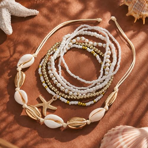 Cicy Bell Boho Ankle Bracelets Set for Women Beach Jewelry Bead Anklets | Hawaiian Shell Starfish Charm,Adjustable,Waterproof Non Tarnish,Summer Vacation Foot Jewelry - color: Gold E