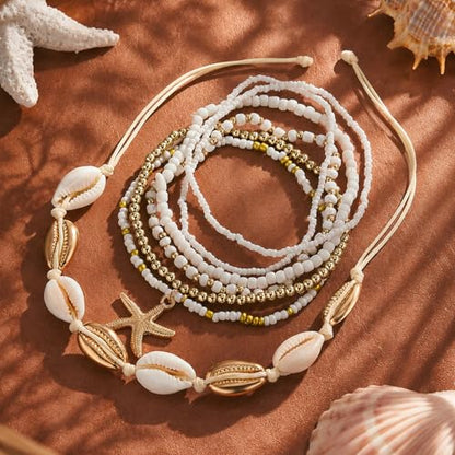 Cicy Bell Boho Ankle Bracelets Set for Women Beach Jewelry Bead Anklets | Hawaiian Shell Starfish Charm,Adjustable,Waterproof Non Tarnish,Summer Vacation Foot Jewelry - color: Gold D