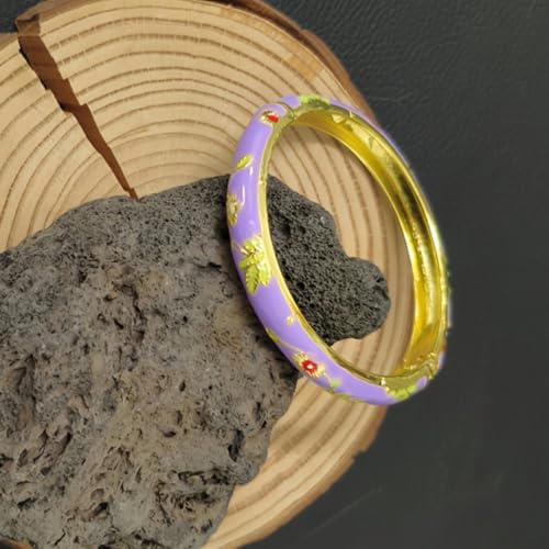 Cloisonne Bracelet For Women, Chunky Bangle Trendy Cute Flower Enamel Bangles Multi Tone Engraved Cuff Gold Plated Bracelets Stackable Wife Jewelry Friendship Gift - color: Light Purple
