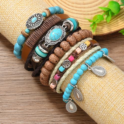 Western Outfits for Women Turquoise Western Bracelets Bohemian Vintage Stackable Beaded Leather Bracelets Adjustable Hand-woven Layered Bracelet Western Country Concert Jewelry for Women - style: Turquoise Teardrop