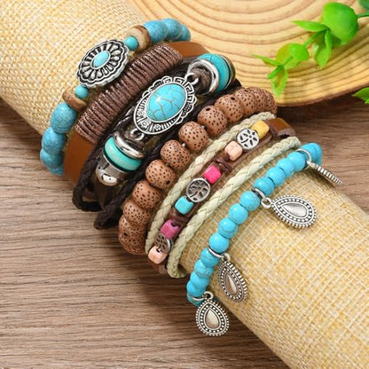 Western Outfits for Women Turquoise Western Bracelets Bohemian Vintage Stackable Beaded Leather Bracelets Adjustable Hand-woven Layered Bracelet Western Country Concert Jewelry for Women - style: Turquoise Teardrop