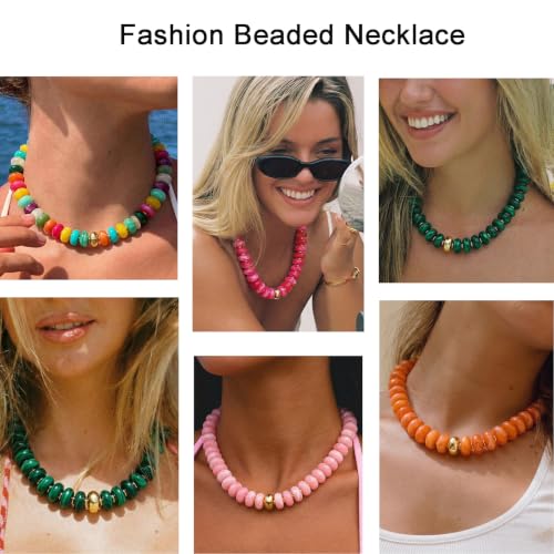 Beaded necklace for Women Boho Bead Gemstone Chunky Necklace Big Bead Necklace Fashion Trendy Summer Necklaces Jewelry Gifts - color: Green&GD Beaded