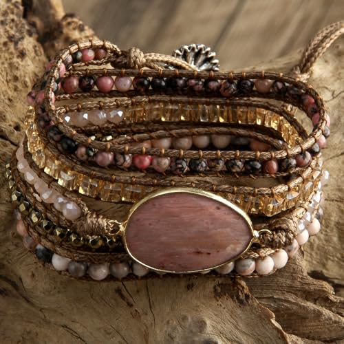 Women Wrap Bracelet Boho Natural Jasper Crystal Stone Beads Strand Bracelets - color: Style 06-Rhodonite