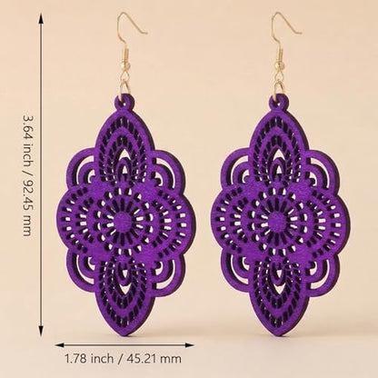 Boho Black Filigree Dangle Earrings for Women, Lightweight Hollow Lace Drop, Wood, 3.34" x 1.69", Bohemian Jewelry - color: Purple