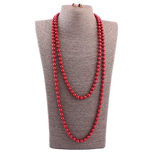 Handmade Faux Pearl Necklace and Clip on Earrings Jewelry Sets for Women Bib Choker Collar Necklace - color: 140cm Red Necklace+Clip Earrings