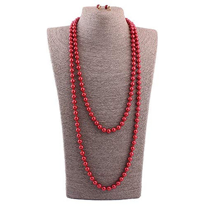 Handmade Faux Pearl Necklace and Clip on Earrings Jewelry Sets for Women Bib Choker Collar Necklace - color: 140cm Red Necklace+Clip Earrings