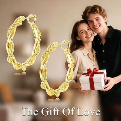 14K Gold Braided Texture Hoop Earring, 32/40mm Twist Rope Design Round Hoop Earrings for Women Gold Jewelry Gifts for women - style: Braided Earring-32mm