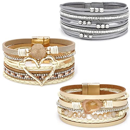 Leather Wrap Bracelet Set 3Pack Wrist Cuff Bracelet for Women Multilayer Magnetic Clasp Bracelet Feather Tree Bead Crystal Bracelet - color: Love Crystal