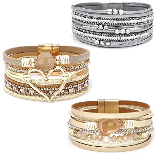 Leather Wrap Bracelet Set 3Pack Wrist Cuff Bracelet for Women Multilayer Magnetic Clasp Bracelet Feather Tree Bead Crystal Bracelet - color: Love Crystal