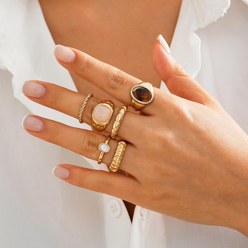 Vintage Boho Crystal Rings Set Chunky Retro Style Gold Statement Big Fashion Western Antique Hippie Knuckle Cocktail Ring Stack Jewelry for Women