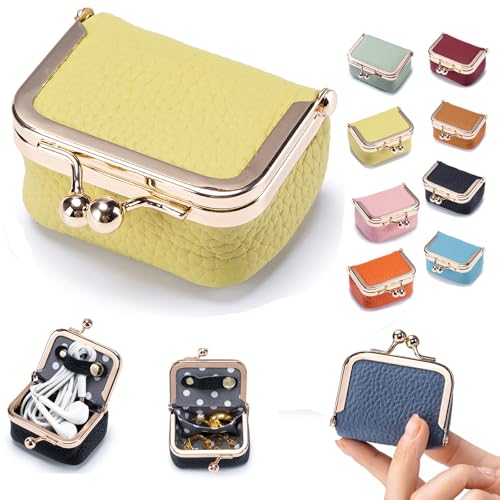 Genuine Leather Mini Jewelry Box & Coin Purse for Women, Travel Jewelry Case with Kiss Lock, Holds Earrings, Rings, Necklace, Bracelet, Coins (Yellow) - color: Yellow