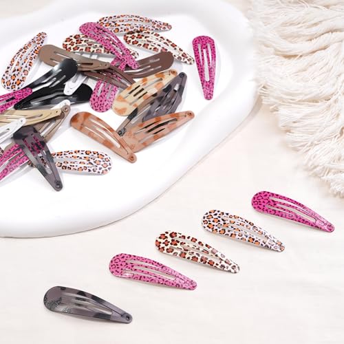 50Pcs 2Inch Hair Snap Clips Leopard Print Cute Hair Pins for Women Girls | Leopard Solid Mix Color Snap Clips 10 Colors 5cm Metal Hair Barrettes Durable Material Clips - color: Leopard