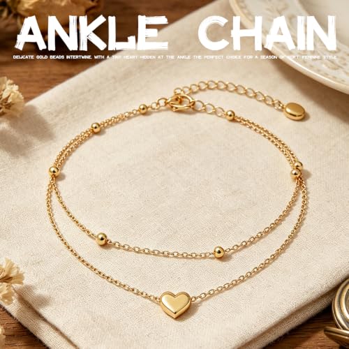 GAUEIOUR Adjustable Heart Layered Ankle Bracelets for Women | Waterproof 18K Gold Plated Stainless Steel Heart Charm Ankle Chain Summer Beach Vacation Party Jewellery for Women