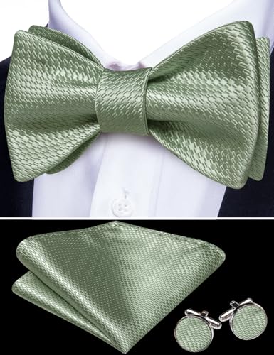 YOHOWA Bow Ties for Men Self-tied Silk Bowtie Solid Color with Lapel Pin and Handkerchief Cufflinks for Wedding Party Prom - color: Sage Green