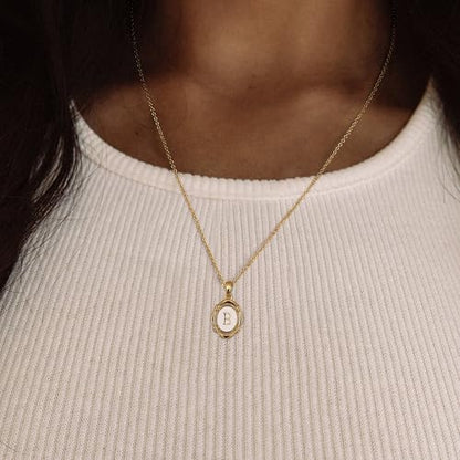 14K Gold Plated Initial Necklaces for Women, Letter Charm Pendant Necklace | Dainty Oval White Enamel Personalized Name Necklace, Trendy Jewelry with 16 inches Chain and 2 inches Extender - color: B