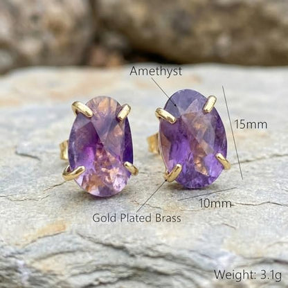 Amethyst Earrings, Natural Gemstone Oval Faceted Purple Stud Earrings, Gold Plated Birthstone Crystal Earrings for Women