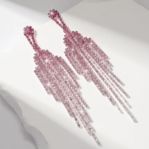 Rhinestone Earrings Prom Earrings for Women Sparkly Long Tassel Chandelier Drop Statement Earring Jewerly Gifts Wedding Party Prom Dresses Accessories - color: A3: pink prom earrings