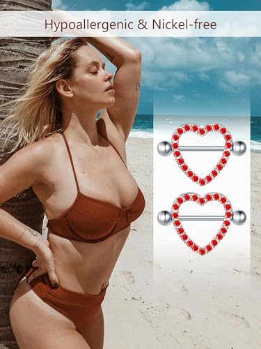 Oveta Heart Nipple Rings Surgical Steel 14G, Cute Internally Threaded Nipple Piercing Jewelry Barbells 14mm for Women, Silver/Gold, 2PCS - color: Red CZ