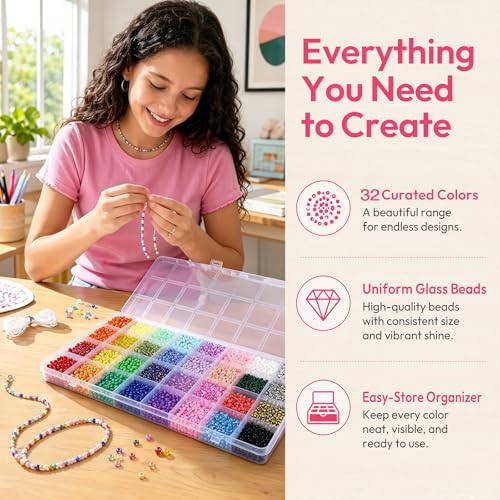 4800pcs 32 Color 4mm Glass Seed Beads for Bracelet Making with Storage Box | Glass Seed Beads for Bracelet Making Kit, Jewelry Making Supplies, Waist Beads, Friendship Bracelet Crafts