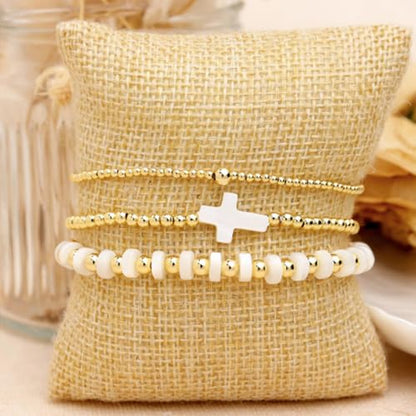 14K Gold Plated Beaded 3Pcs Stack Bracelets for Women, Dainty Trendy Freshwater Stackable Pearl Paperclip Cross Chain Gold Balls Stretch Accessories Jewelry Vacation Gift - color: white