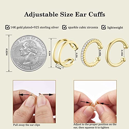 SEVENWELL Ear Cuffs for Women, Adjustable Non Piercing Cartilage Earrings | Adjustable Fit, Lightweight Comfort, Stackable Style, Sensitive-Ear Friendly, Daily & Party Wear - color: Style E-Gold-3 pcs